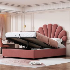 Lit Double 140x200 cm avec TêTe de Lit en Velours Cadre de Lit avec Sommier Lattes Lit Adulte Rembourré Lit Coffre Rose