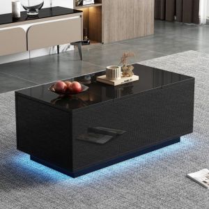 Table basse relevable 95x48x40cm extensible 2 tiroirs LED multifonction noire - Salon/appoint