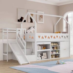 Lit mezzanine enfant 90x200 cm cabane avec toboggan et escalier rangements int&eacute;gr&eacute;s tiroir coulissant bois blanc