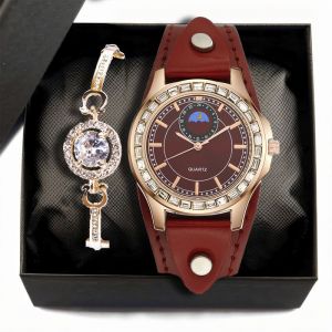 SHARPHY Coffret montre femme + bracelets - design sp&eacute;cial bracelet en cuir diamants rouge affichage des phases de lune