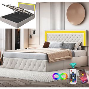 Lit 140x190 cm LUMINARIX Avec &eacute;clairage LED M&eacute;canisme de levage &agrave; gaz Lit Coffre Tissu en velours Lit double Lit rembourr&eacute; Beige