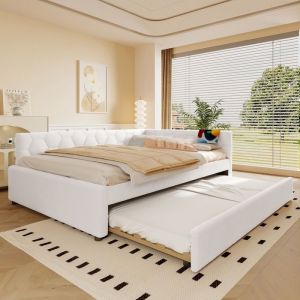Lit gigogne 2 places 140x200 cm Canapé-lit Lit enfant Lit rembourré avec lampe de chevet port USB et sommier à lattes - blanc