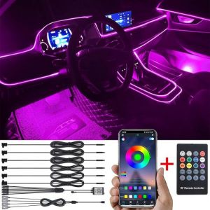 Kit d' &eacute;clairage ambiant de Voiture 8 m Fibre Optique 64 8m(6 light sources + Bright Footlight)#Rf RF REMOTE APP FIBRE LUMINEUSE