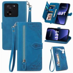 Etui pour Xiaomi 13T-13T PRO Housse en Cuir PU  [Fentes Cartes] [Magnétique] [Poche zippée] -Fleur de bordure bleue SZY856