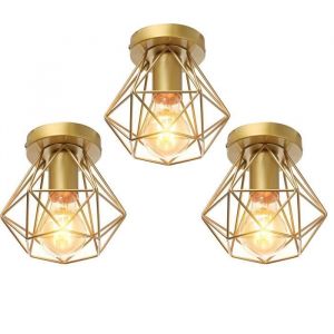 UNI 3 Pack Plafonnier Industriel Cage Métal Forme Diamant Lustre Suspension Luminaire Salon Couloir Doré