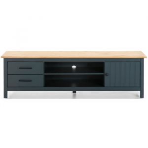 Meuble TV en pin massif d&eacute;cor cir&eacute; ch&ecirc;ne et bleu meuble de rangement - Longueur 158 x Profondeur 40 x Hauteur 47 cm