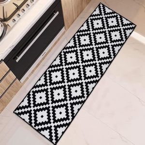 Tapis de Cuisine Antid&eacute;rapant 50 x 160cm Rectangle Tapis de Salle de Bains Noir Blanc