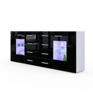 Buffet bas - Grömitz V2 - Blanc mat / Noir laqué - 2 portes vitrées - 4 tiroirs