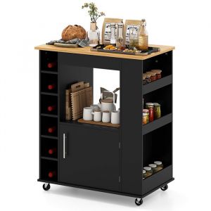 Chariot de Cuisine Roulant Ilot de Cuisine avec Rangement Plan de Travail en Bambou avec Porte-Serviettes Porte-Vin 6 Bouteilles