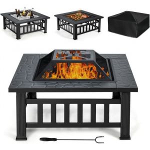 COSTWAY Brasero Jardin Multifonctions 81 x 81 x 50 cm avec Pare-étincellesGrille Porte-bûchesGril pour BBQ Tisonnier en Acier