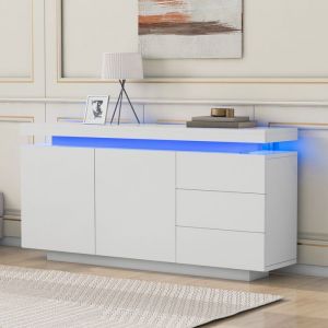 Buffet bas 140x35x72.5cm - TKOPY - Bahut avec LED - Buffet cuisine moderne avec 2 portes et 3 tiroirs -  Blanc