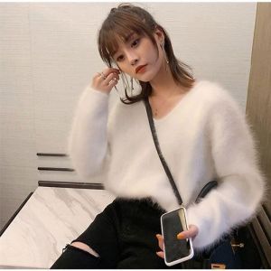 PULL2020 femmes dames chandails et pulls pur 100% vison cachemire tricoté pull Angora moelleux JNS002 - Type white Blanc#XXL