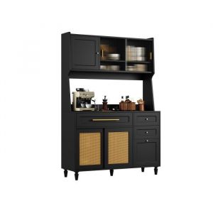 Buffet haut salle a manger -Meuble vaisselier cuisine avec éclairage LED -Armoire vitrine noir avec 3 tiroirs -120x45x195.5 cm