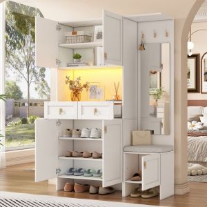 Ensemble de Vestiaire dEntr&eacute;e avec Miroir Meuble dEntr&eacute;e avec Banc &agrave; Chaussures et Armoire &agrave; Chaussures Meubles de Couloir Blanc