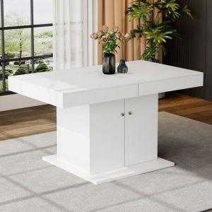 Table &agrave; manger blanc laqu&eacute; extensible automatique  Rangement int&eacute;gr&eacute; 140/180x80x76cm