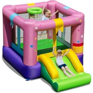 GOPLUS Aire de Jeux Château Gonflable avec TobogganTrampolineJeu de Basket pour 2 Enfants de 3-12 Ans sans Souffleur