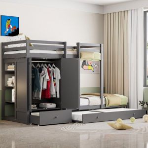 Lit superposé enfant 90*200cm  lit triple  lit gigogne 90x190 bois massif gris ，avec penderie tiroir rangement et escalier