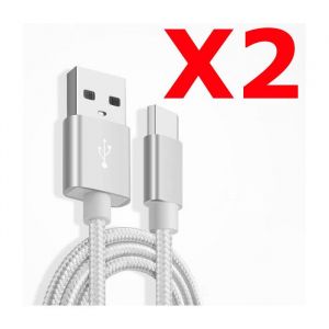 X2 C&acirc;ble Metal Nylon Renforc&eacute; Chargeur USB/Type C Longueur 2m Couleur Argent Compatible Samsung LG Sony Wiko Blackberry Motorola