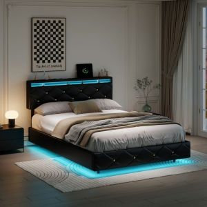 Lit Flottant 160x200 cm Lit Double avec LED(t&ecirc;te et pied) Lit Adulte t&ecirc;te de Lit R&eacute;glable Lit Suspendu en cuir PU Noir
