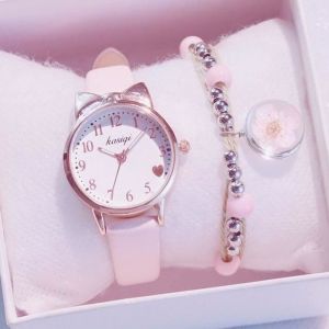 Coffret Cadeau Montre Fille Enfant - Mignon Chat Montre Bracelet Fille Fleur- Montre à Quartz en cuir - Blanc rose Cadeau Enfant