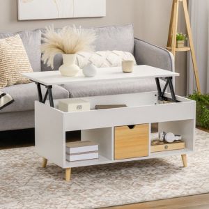 Table Basse Relevable avec Tiroir Niches et Coffre Bois Aspect Clair et Blanc