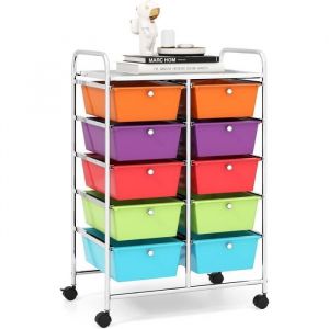 GOPLUS Chariot de Rangement 10 Tiroirs Tiroir D&eacute;tachable Tour de Rangement &agrave; 4 Roulettes 2 avec Frein Multicolore Cadre Argent&eacute;