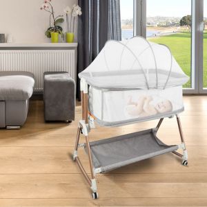 QUIIENCLEE 90*60*90-115cm (6 hauteurs-forme de diamant) Couffin &agrave; roulettes pliable 2-en-1-Lit b&eacute;b&eacute;-tissu gris+ch&acirc;ssis dor&eacute;