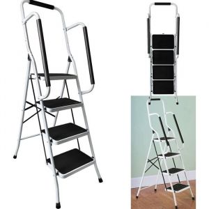 Escabeau 4 marches pliable avec main courante acier Escabeau pliant Escabeau de m&eacute;nage jusqu&agrave; 150 kg avec tapis antid&eacute;rapant