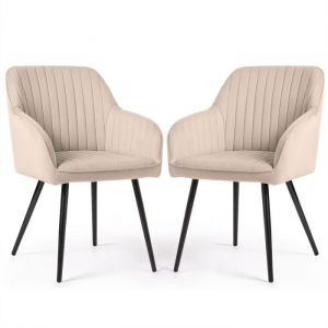 Lot de 2 Chaises en velours &agrave; surpiq&ucirc;res FLORENCE Beige pieds noirs