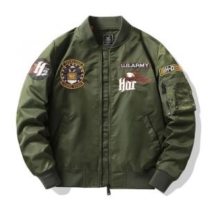 Blouson Bomber Homme Col Officier Printemps et Automne Veste Pilote Broderie Tissu Confortable - Vert