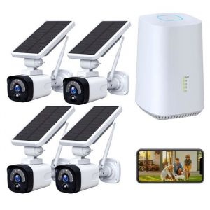CAMCAMP Caméra de Surveillance Solaire Kit Extérieur Sans Fil 3MP avec Station de Base 4 Caméras 6400mAh Batterie Vision Nocturne