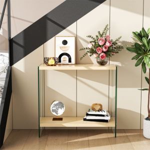 Table Console en Bois - Console Meubre dEntrée Modern avec Cadre Verre Trempé Solide pour Salon Couloir Bureau - 80×30×76cm
