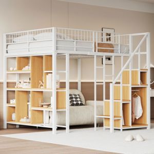Lit enfant 140x200 cm Lit mezzanine 1 place 2 personnes Avec compartiments de rangement étagères et escaliers blanc