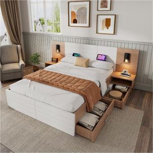 Lit 160x200 avec Sommier Lit Double Adulte avec Rangement et Table de Chevet USBLampe de LectureT&ecirc;te de Lit LongueBlanc Bois