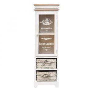 Mobili Rebecca Meuble 2 Paniers 1 Port Plexiglass Bois Osier Blanc 102x32x27