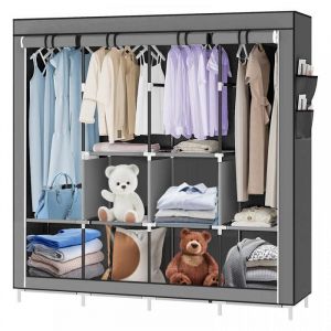 Armoire de Chambre avec 6 compartiments et 4 Tringles - Armoire de Rangement en Toile - 167x45x170 cm - Gris Fonc&eacute; - LVHCMFOHM