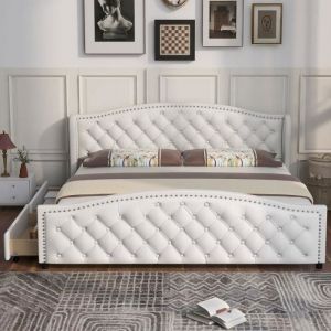 Lit double capitonné - LEYTN - 180 x 200 cm - Rembourré en PU - 2 tiroirs de rangement - Blanc