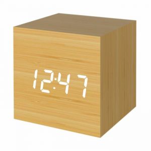 R&eacute;veil num&eacute;rique en bois aliment&eacute; par USB/batterie horloge de bureau en forme de cube pour chambressalon cuisinecouleur bambou