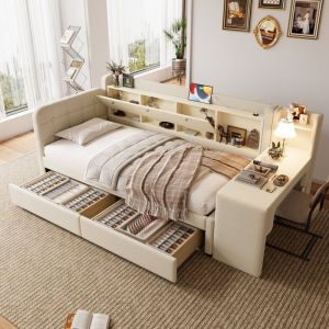 Lit rembourr&eacute; enfant 90x200cm Canap&eacute;-lit Lit capitonn&eacute; en lin avec 2 tiroirs bureau ports USB rangement et sommier &agrave; lattes - beige