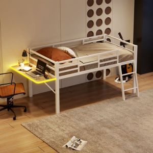 Lit plat 90 x 200 cm lit en métal sans matelas balustrade échelle table ruban LED à distance blanc