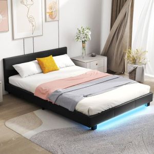 Lit Double 140 x 200 CM COSTWAY en Simili Cuir Bandes LED T&ecirc;te de Lit Sommier &agrave; Lattes en Bois Lit Adulte Charge 300 kg Noir