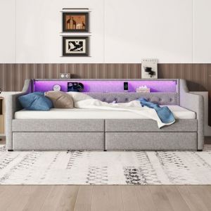 Banquette-lit 90x200 cm 2 tiroirs sommier lattes éclairage LED+USB télécommande tissu gris - sans Matelas