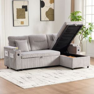 Canap&eacute; dAngle 3 Place ConvertibleEn Velours C&ocirc;tel&eacute;Rangement Int&eacute;gr&eacute;Avec Porte-gobelets et Porte USB-CGris clair