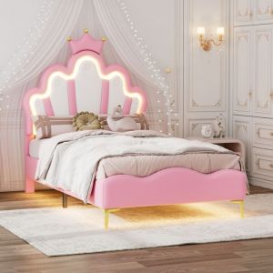 Lit Princesse 90x200 Lit Enfant Fille Lit Princesse en Forme de Couronne avec LED Lit Rembourr&eacute; T&ecirc;te de Lit R&eacute;glable Rose