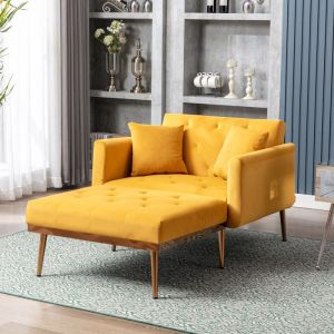 Fauteuil Convertible Relax avec Dossier R&eacute;glable Assise Large Confortable Velours + Mousse Cadre Bois 165&times;90&times;77 cm &ndash; Jaune