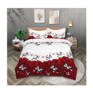 Rose Rouge Housse de Couette 140x200 Enfant Fille Adulte Parure de Lit Roses C&oelig;Ur Papillon Housse de Couette 2 Personne Microfibre