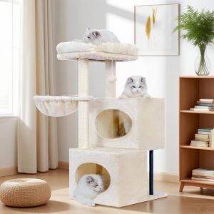 Arbre &agrave; chat 92 cm petit arbre avec grande plateforme 2 niches poteaux gain&eacute;s de sisal peluche avec clochette beige.