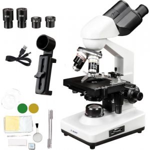 Svbony SM201 Microscope Composé Binoculaire 40X-2500X LED Adaptateur de Téléphone Scène Mécanique Double Couche pour