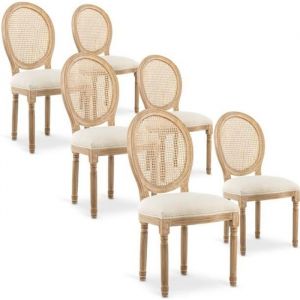 Lot de 6 chaises m&eacute;daillon Louis XVI Cannage Rotin tissu Beige