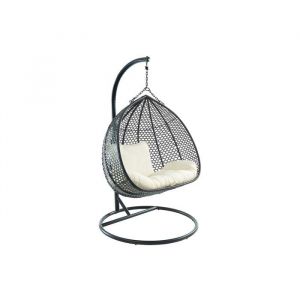 Fauteuil suspendu 2 places en r&eacute;sine tress&eacute;e - Noir et coussin blanc - VAHINA de MYLIA